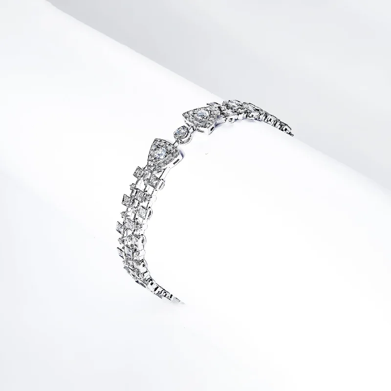 Curved charm bangles-Denver 3 Carat Round Brilliant Cut 3 Row Diamond Bracelet in 14k White Gold