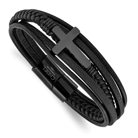 Lapis gem bangles-Stainless Steel Black IP-plated Cross Leather Multi Strand 8.75 inch Bracelet