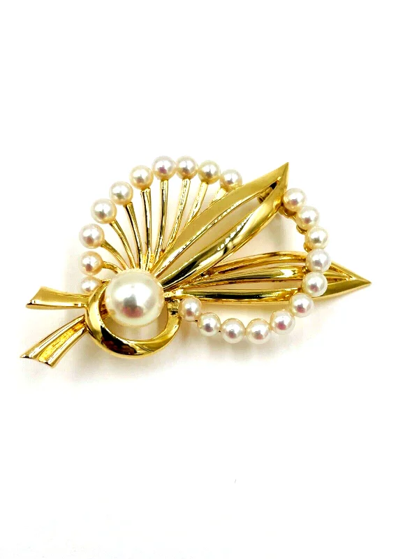 Bow motif brooch-1950s Mikimoto Pearl Yellow Gold Brooch