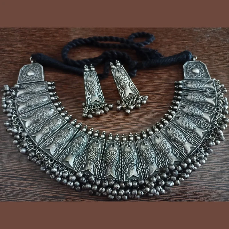 Rustic silver necklaces-Bevy Pearls Oxidised Plated Necklace Set