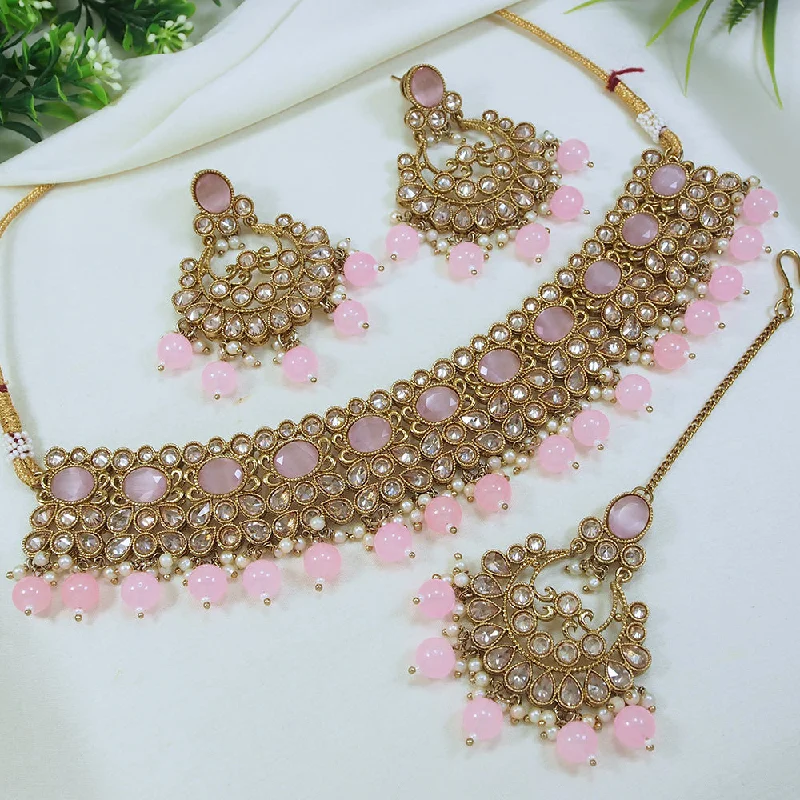 Luxe stone necklaces-LALSO Stunning Mehendi Gold plated AD/Zircon Work Necklace Jewelry Set With Maangtika