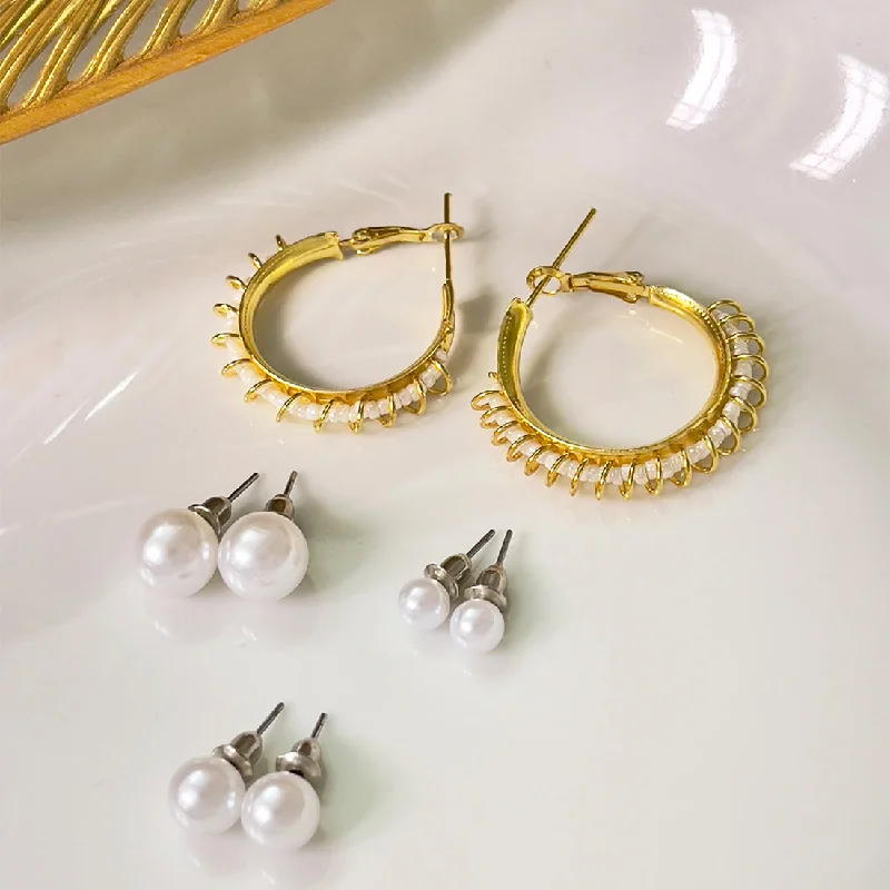 Silk thread earrings-Set Of 4 White Pearl Studs In Different Sizes & Gold-Toned Wire Wrapped Hoop Earrings