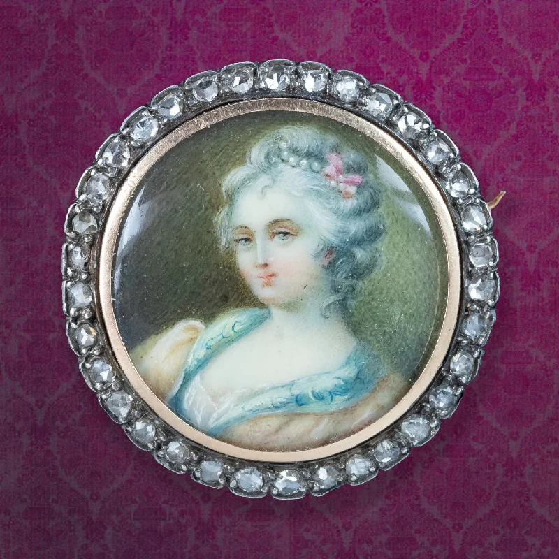 Shiny enamel brooch-Antique Georgian Diamond Hand Painted Portrait Brooch