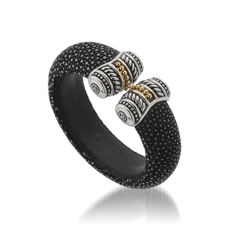 Textured letter bangles-Apollo Wide Black Shagreen Cuff Bracelet