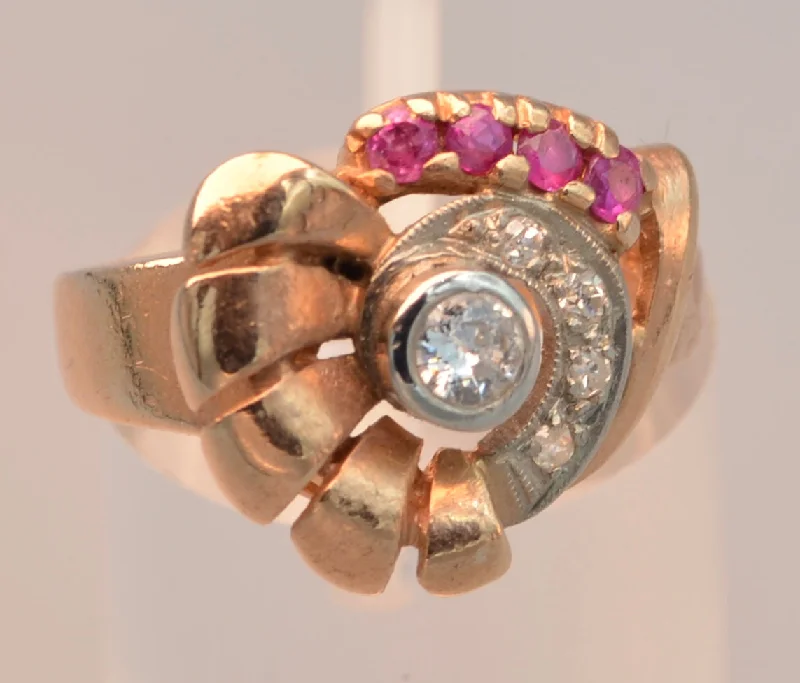 Sapphire gem rings-14K rose gold ring with Diamonds and Rubies, ca. 1940's