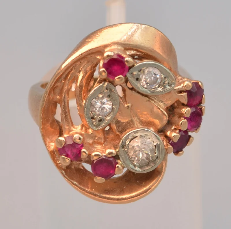 Worn lock rings-14K Rose Gold Diamond and Ruby ring, ca. 1940's Retro style