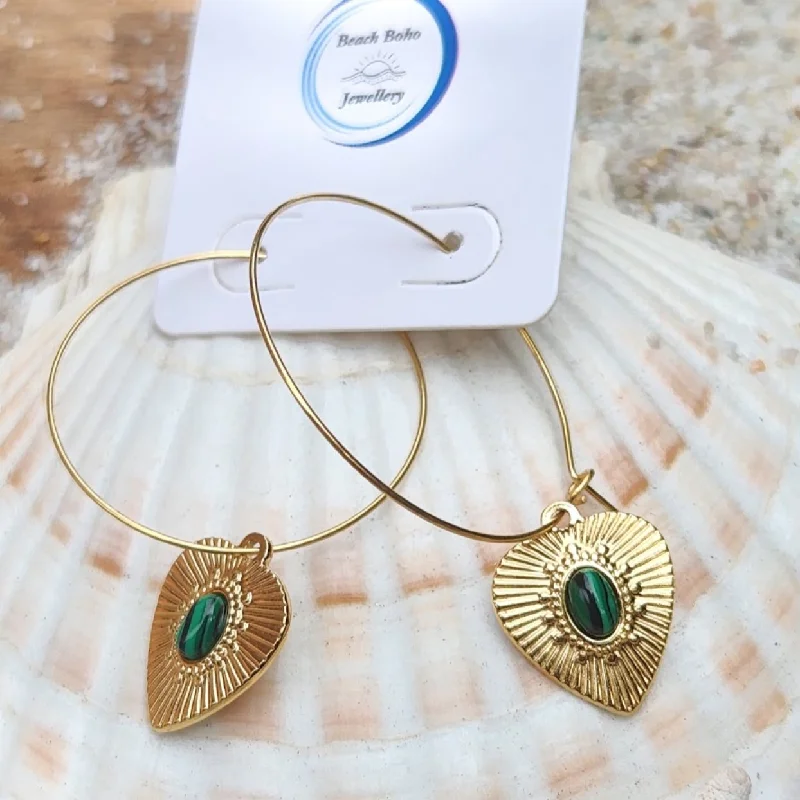 Silk thread earrings-SO GREEN  -  18K GOLD MALACHITE WATERPROOF STONE HOOP EARRINGS