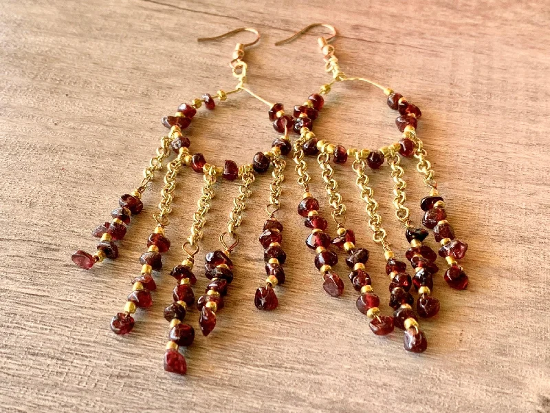 Sleek gem earrings-Odelia Handmade Genuine Garnet Dangle Earrings