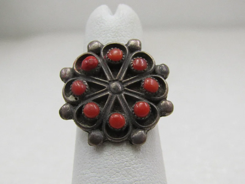 Pink stone rings-Vintage Sterling Southwestern Snake Eyes Coral Ring, Sz. 4.5