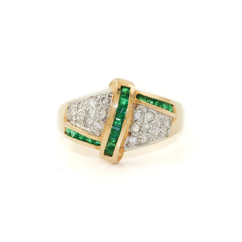 Pinch band rings-14K Gold x Vintage 0.51ctw Emerald & Pave Diamond Cocktail Ring