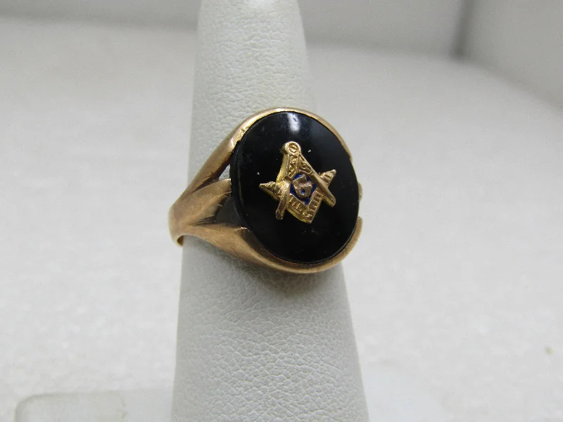 Minimal silver rings-Vintage 10kt Masonic Onyx Ring, Sz. 6, Oval top