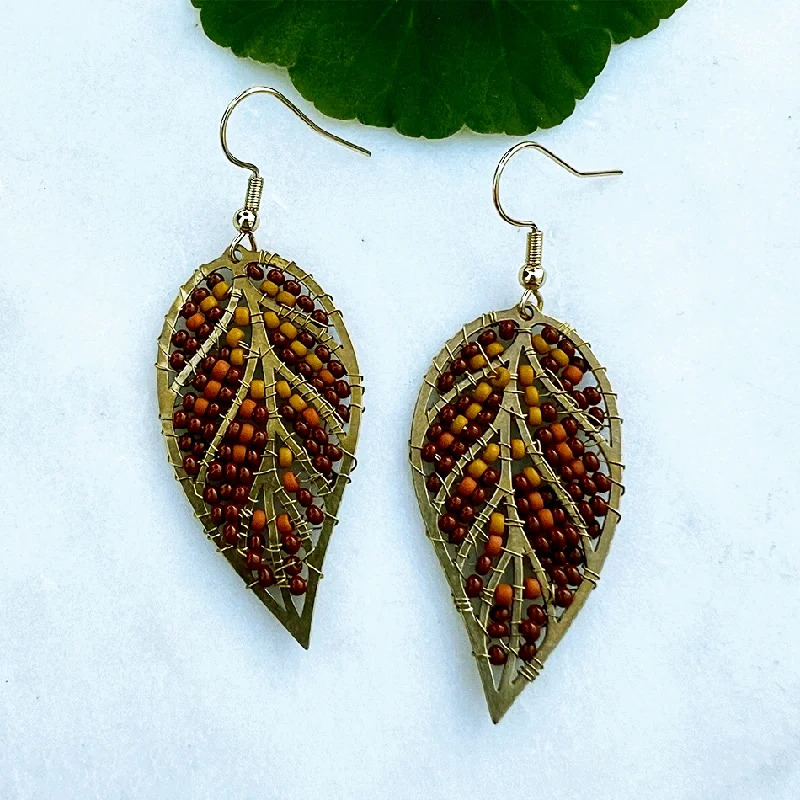 Thin hoop earrings-Beaded Leaf Earrings - Autumn, Guatemala