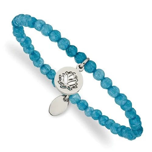 Sleek gem bangles-Stainless Steel Lotus Charm Blue Jade Beaded Stretch Bracelet