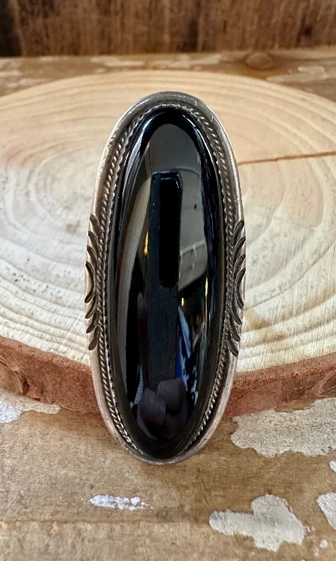 Curved art rings-BOLD BLACK ONYX Silver Ring • Size 7