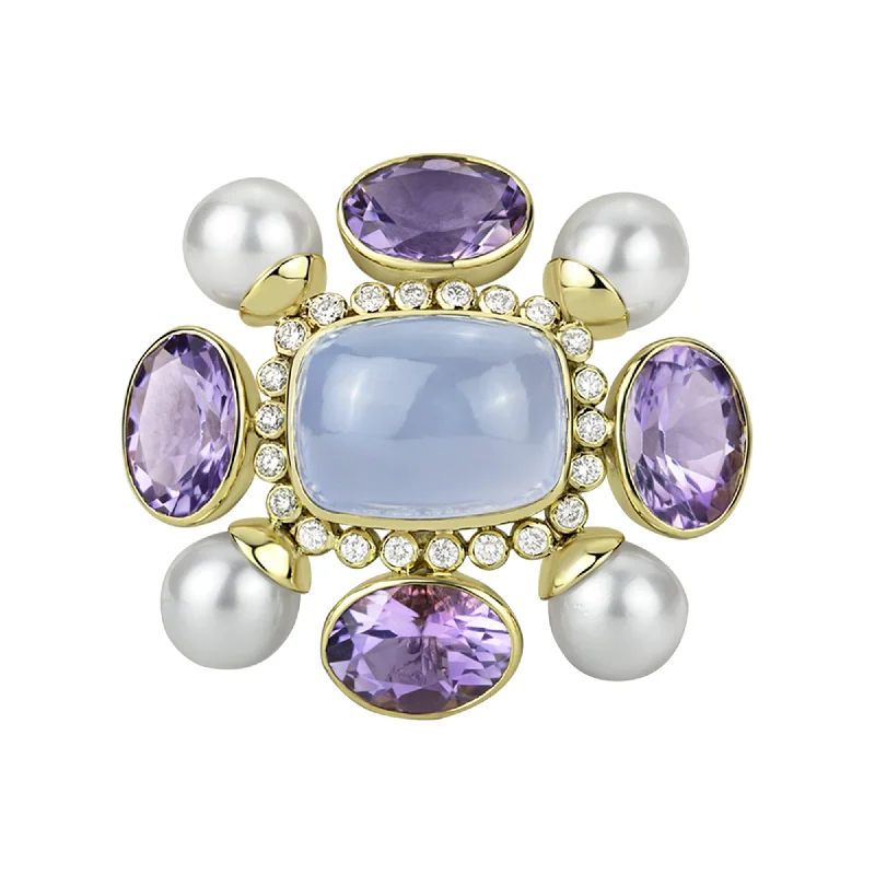 Radiant star brooch-Brooch- Amethyst, Chalcedony, Pearl And Diamond