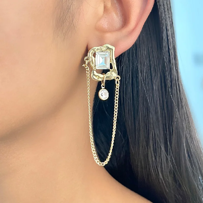 Radiant star earrings-Oversized Hammered Square Gold-Toned Diamante Stud & Tassel Drop Earrings