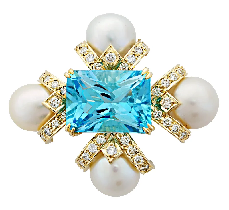 Polished stone brooch-Brooch - Blue Topaz, Pearl And Diamond