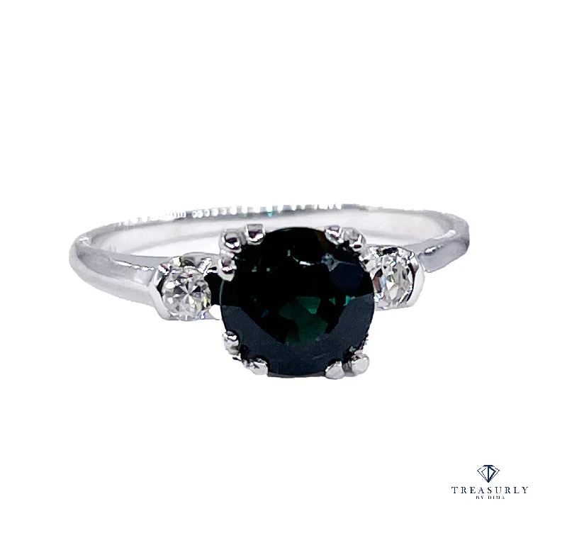 Tide design rings-Art Deco 1.34ct Solitaire Round Green Sapphire & Diamond Wedding 18K Vintage Antique Ring