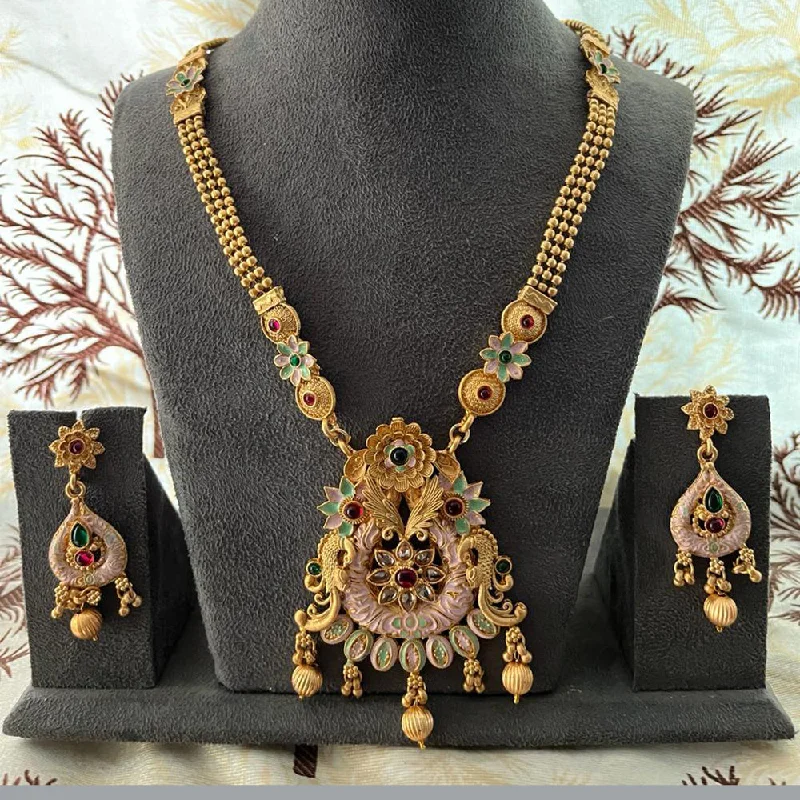 Thick bar necklaces-India Art Gold Plated Pota Stone And Beads Necklace Set