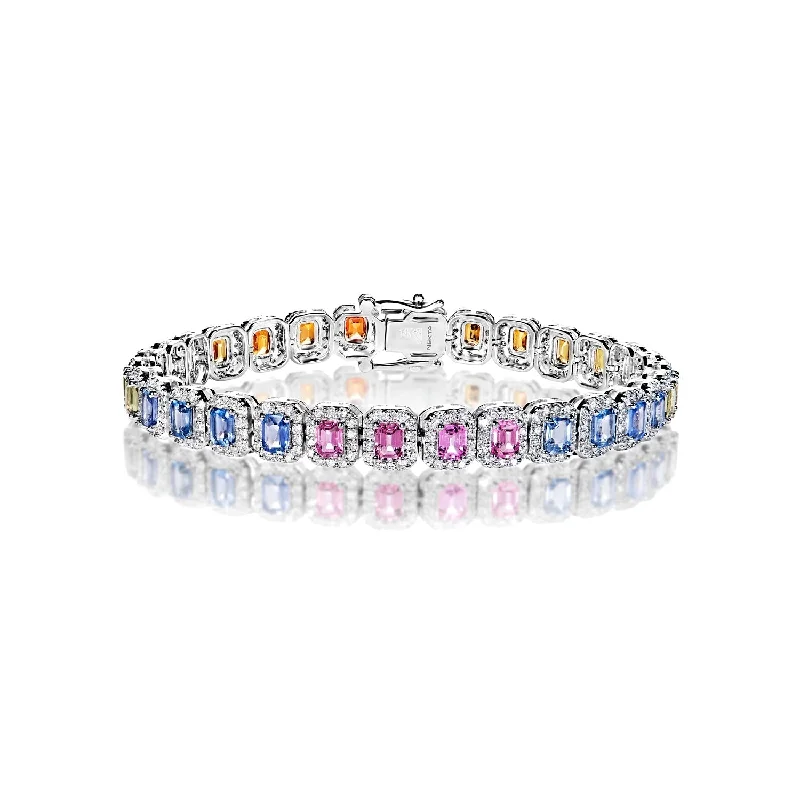 Light clay bangles-Alejandra 13 Carats Multi-Color Sapphire Emerald Cut Single Row Diamond Tennis Bracelet in 14k White Gold