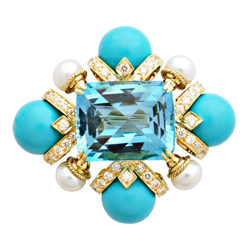 Dainty gold brooch-Brooch-Blue Topaz, Turquoise, Pearl and Diamond