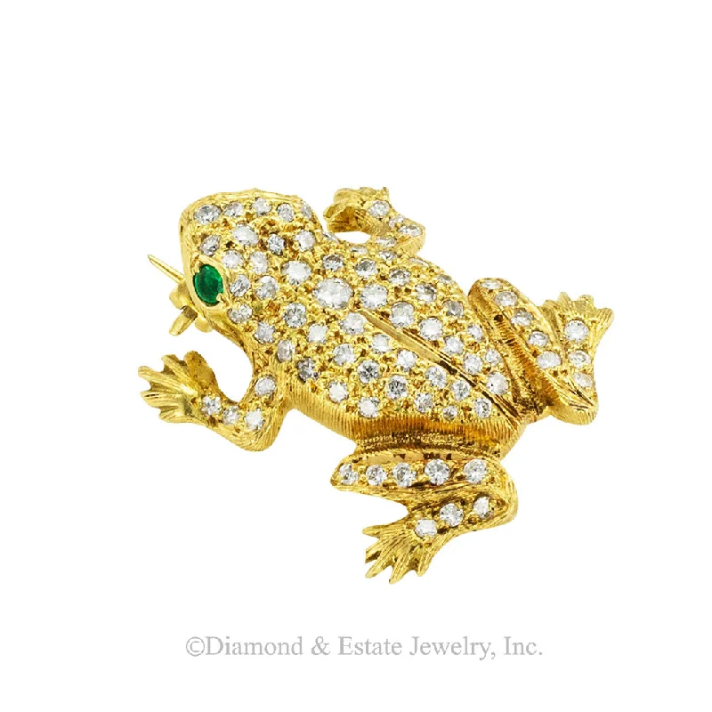 Flex pin brooch-Austrian Diamond Emerald Gold Frog Brooch