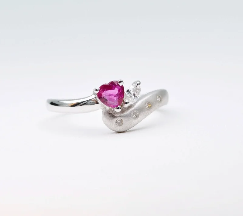 Night gothic rings-18K White Gold ring with one heart-shaped Ruby and Marquise-shaped Diamond