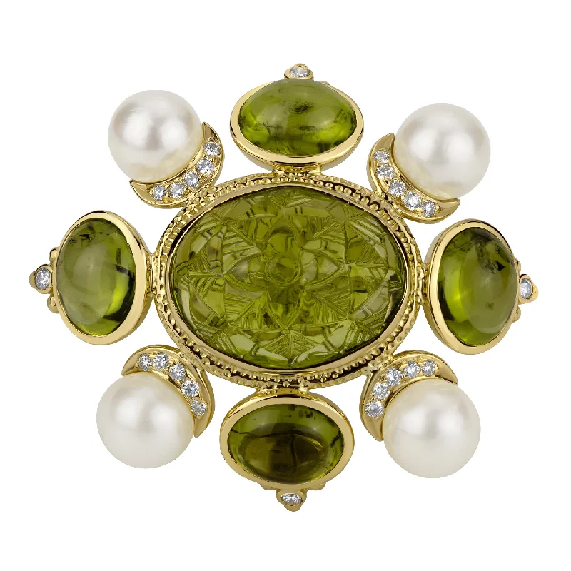 Cedar grain brooch-Brooch - Peridot, Pearl & Diamond