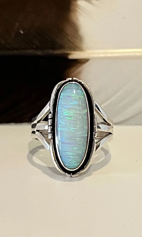 Oval stone rings-FIERY OPAL Sterling Silver Navajo Ring • 9 1/2