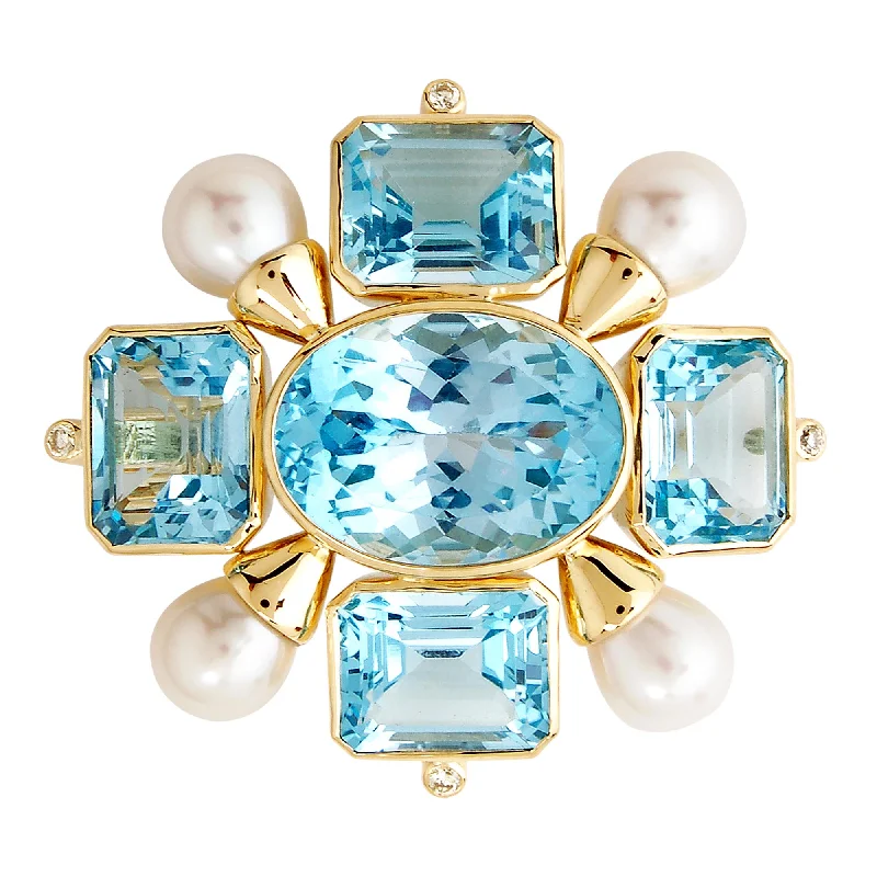 Bead trim brooch-Brooch- Blue Topaz, Pearl And Diamond