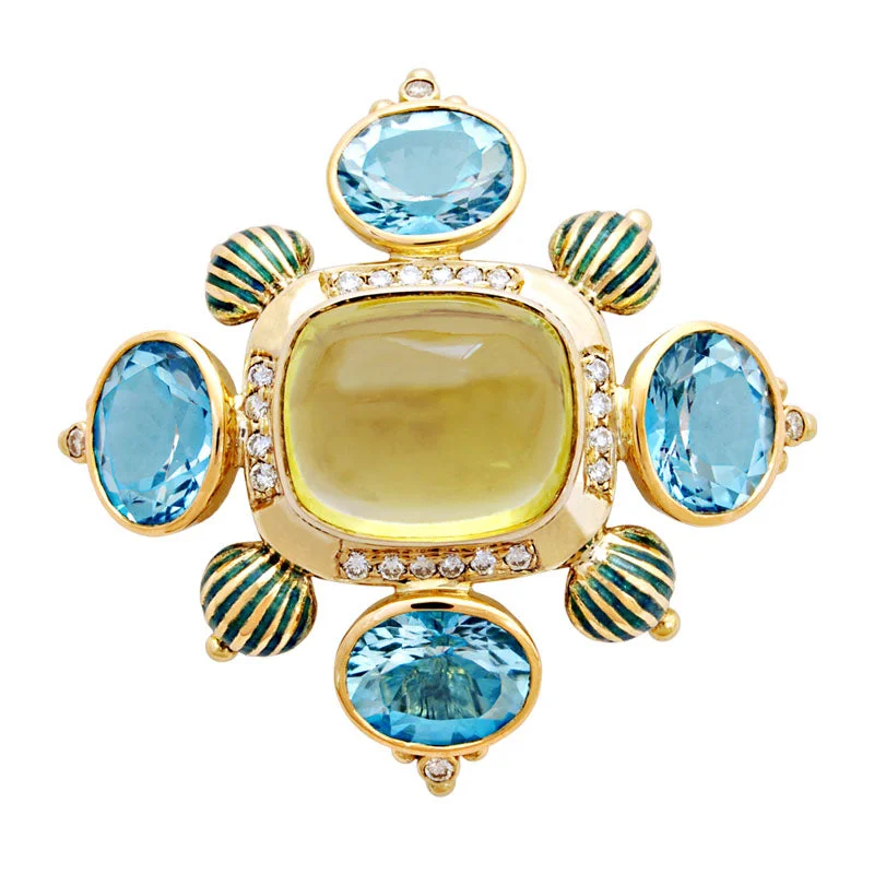 Tide motif brooch-Brooch-Lemon Quartz, Blue Topaz and Diamond (Enamel)