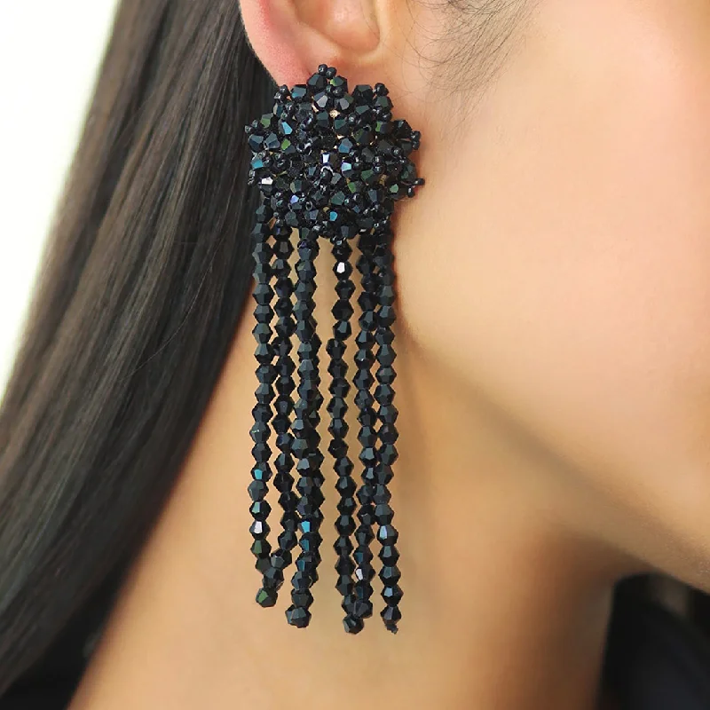 Birch charm earrings-Black Beaded Oversized Long Tassel Earrings