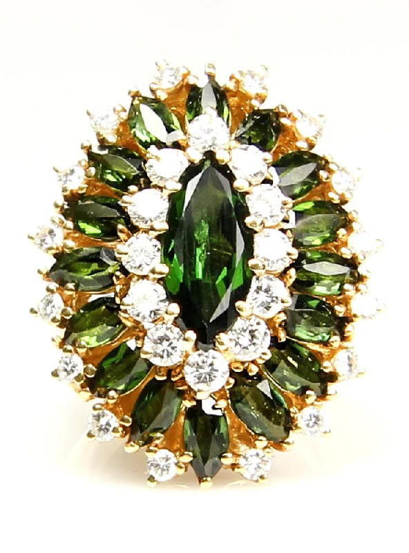 Bow knot rings-9.73CT HUGE VINTAGE ESTATE RETRO GREEN TOURMALINE DIAMOND CLUSTER BALLERINA RING