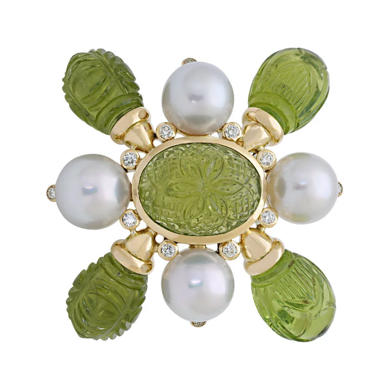 Flat twist brooch-Brooch- Peridot, South Sea Pearl and Diamond