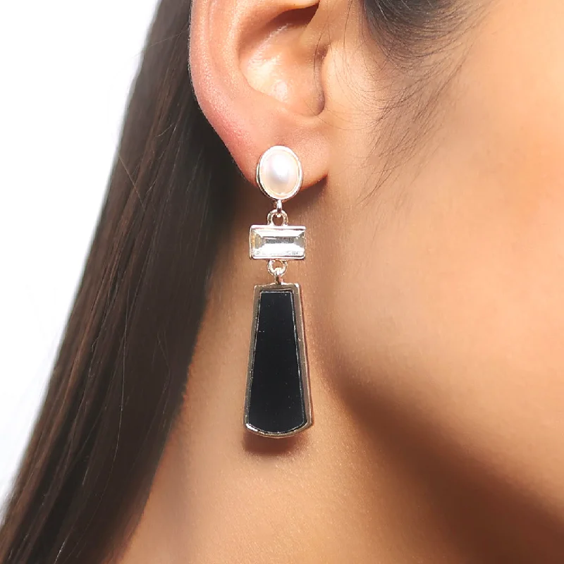 Simple gem earrings-Pearl, Rhinestone & Black Acrylic Gold-Toned Triple Geometric Drop Earrings