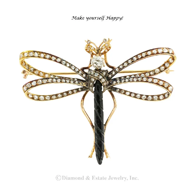 Pink stone brooch-French Victorian Diamond Gold Dragonfly Brooch