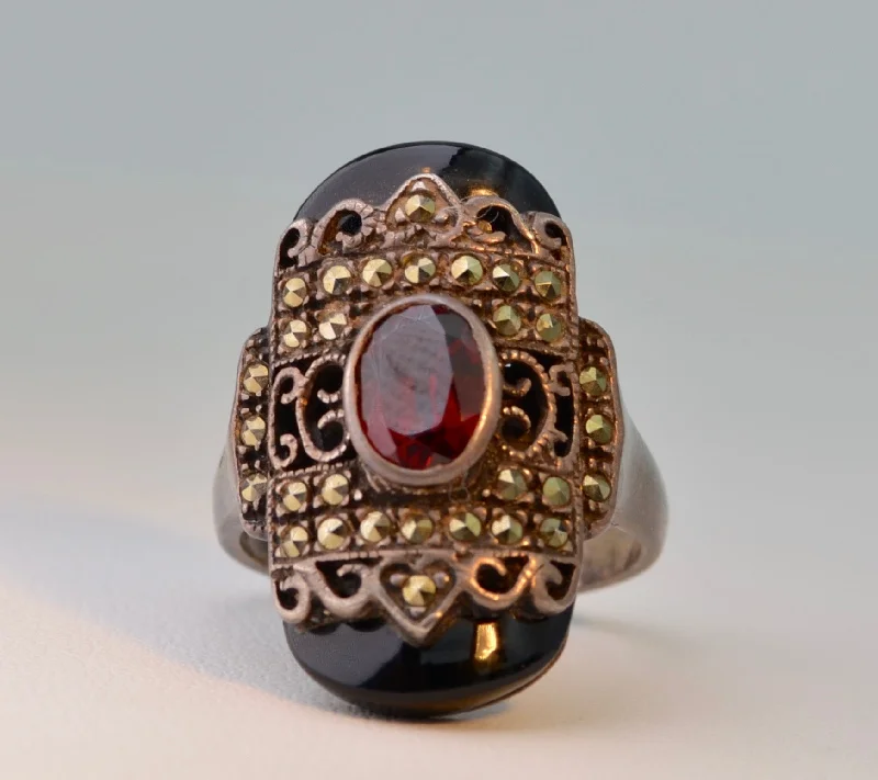 Hand-polished rings-Onyx Marcasite Garnet Ring in Sterling Silver