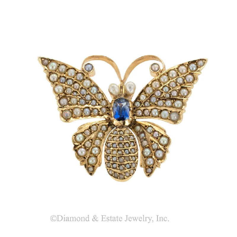 Crystal-twist brooch-Victorian Sapphire Seed Pearl Butterfly Yellow Gold Brooch Pendant