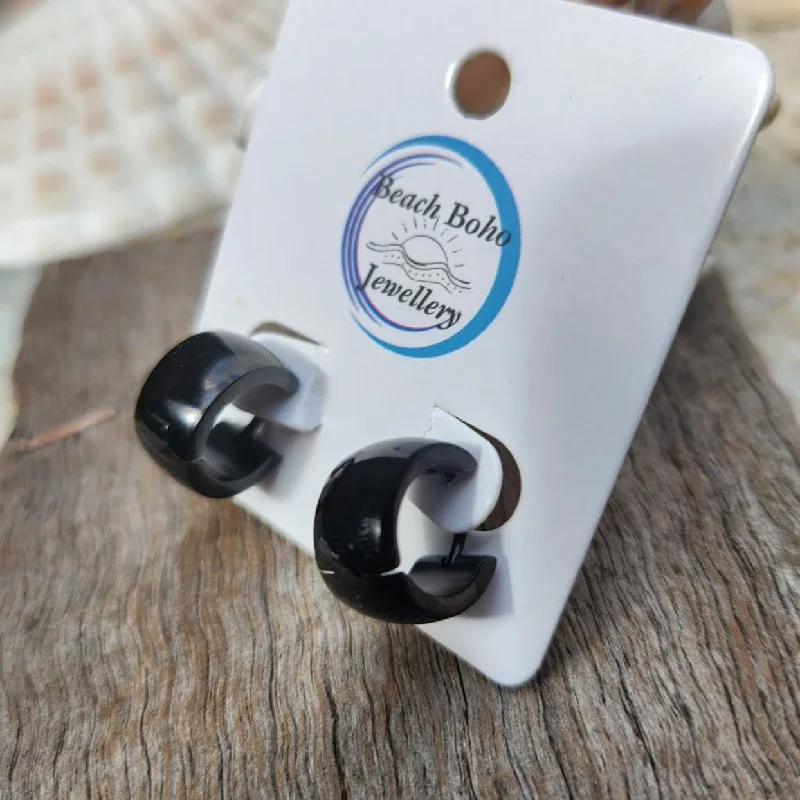 Alloy design earrings-BLACK HUGS -  BLACK WATERPROOF HUGGIE EARRINGS