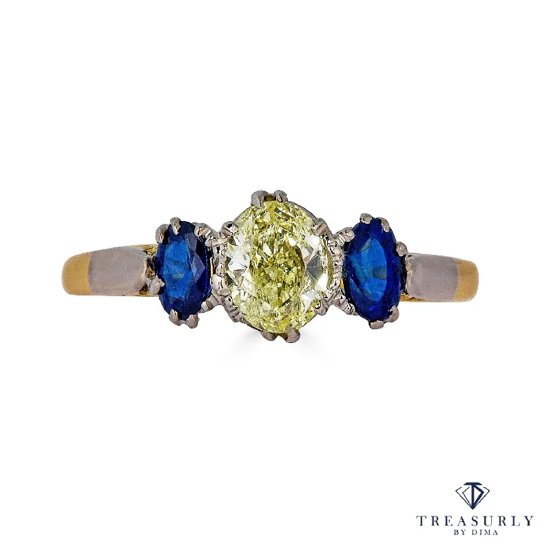 Worn texture rings-Vintage GIA "Canary" 1.54ct Yellow OVAL Diamond Sapphire 3 Stone Plat 18k Engagement Ring