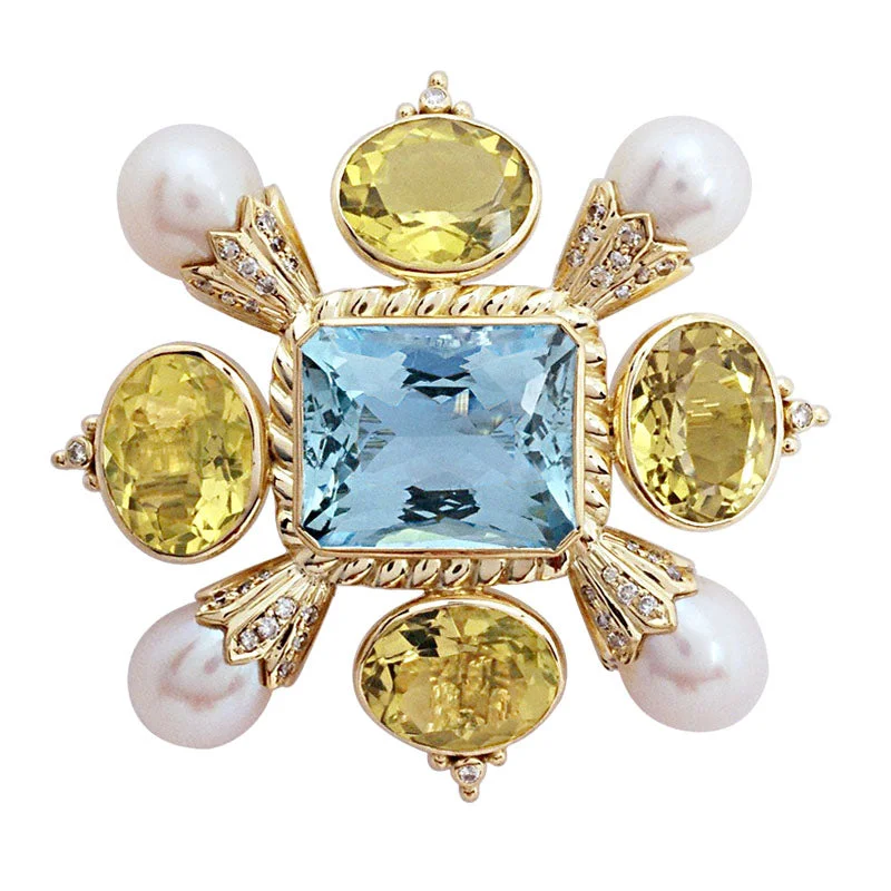 Solid gold brooch-Brooch - Aquamarine, Lemon Quartz, Pearl and Diamond