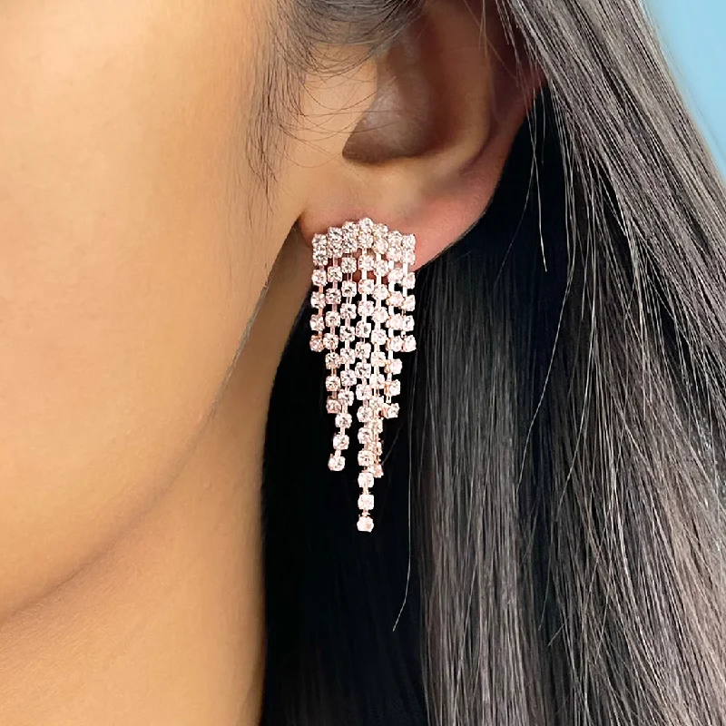 Smooth drop earrings-Contemporary White Diamante Crystal Studded Rose Gold-Toned Short Tassel Drop Earrings