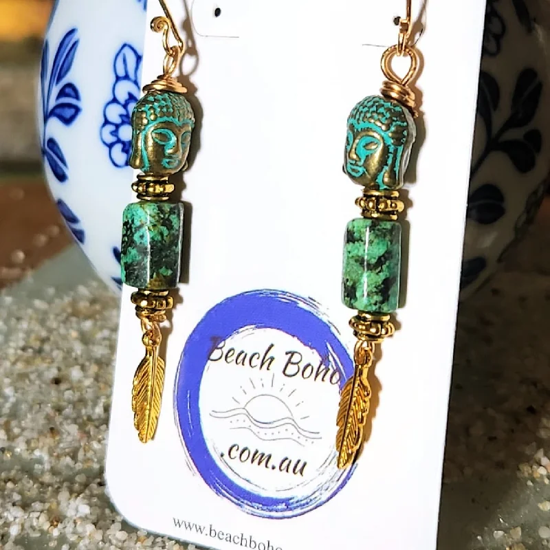 Lily motif earrings-COPPER BUDDHA TURQUOISE STONE / HILLTRIBE VERMEIL HOOKS