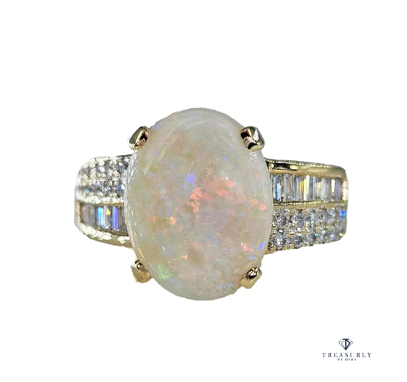 Topaz gem rings-Vintage 5.54ctw Australian OPAL & Round Baguette Diamond 14k Yellow Gold Ring