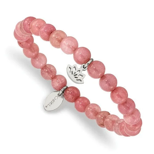 Retro charm bangles-Stainless Steel Lotus Charm Pink Jade Stretch Bracelet