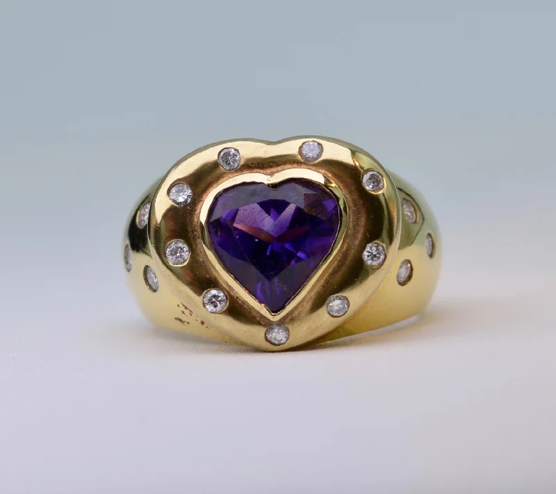 Topaz gem rings-18K yellow gold ring with heart-shaped deep purple Amethyst and Diamonds