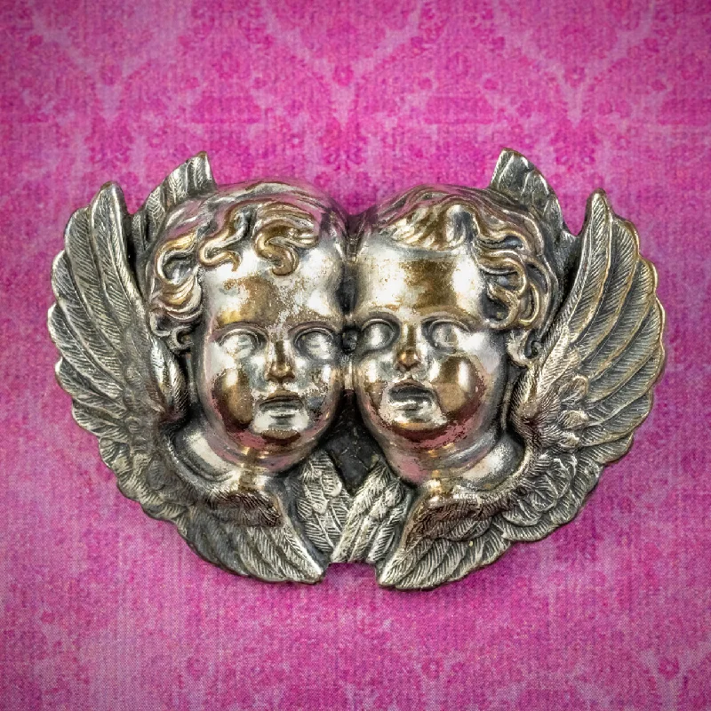 Flat bow brooch-Antique Victorian Cherub Brooch Silver Gilt