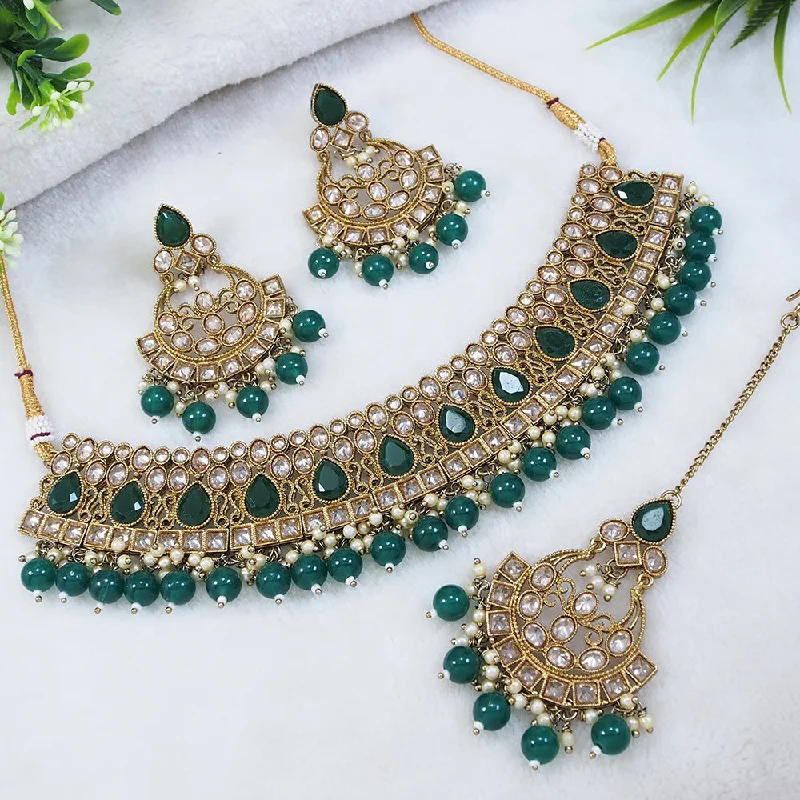 Oval charm necklaces-LALSO Designer Mehendi Gold plated AD/Zircon Work Necklace Jewelry Set With Maangtika