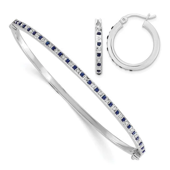 Tide pattern bangles-Sterling Silver Diamond & Blue Sapphire Bangle Bracelet and Round Hoop Earrings Set