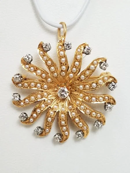 Worn bronze brooch-Vintage Starburst Natural Diamond + Seed Pearl 14k Gold Pendant/Brooch